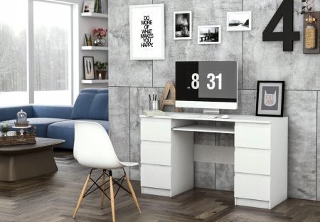 Biurko komputerowe, 6 szuflad, kuba, 130x51x76 cm, biel, mat