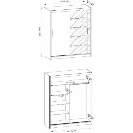 Szafa do sypialni, drzwi przesuwne, duże lustro, faro, 180x61x216 cm, biel, mat
