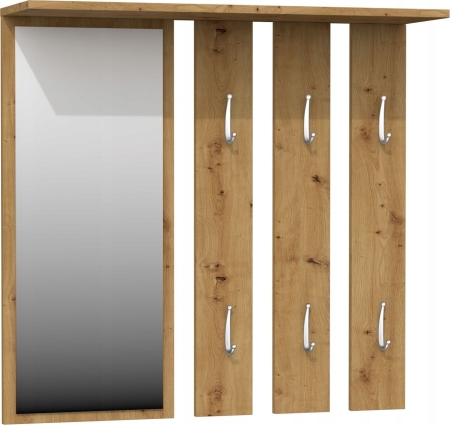 Wieszak na korytarz, półka, lustro, opal, 85x15x82 cm, dąb artisan