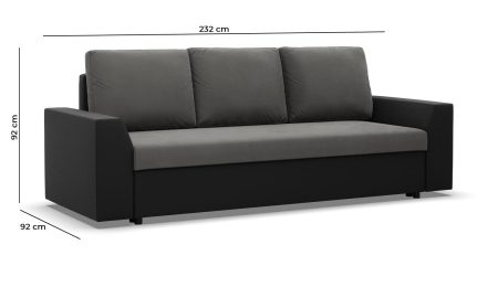 Kanapa rozkładana, Viktor, velvet, ekoskóra, 232x92x92 cm, ciemny szary, czarny