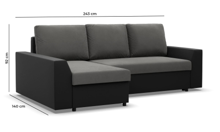 Narożnik z funkcją spania, Viktor, ekoskóra, 243x140x92 cm, szary, czarny.
