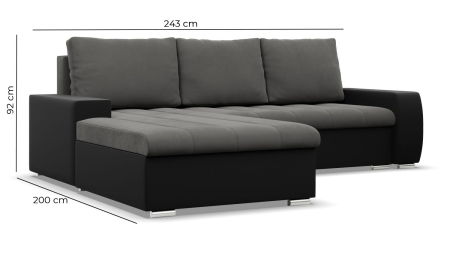 Narożnik, prawy, Sereno, velvet, ekoskóra, 243x200x92 cm, ciemny szary, biały