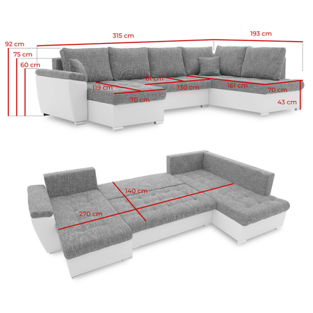 Duży narożnik, funkcja spania, prawy, MAGNUS, 315x190x75 cm, biały, szary
