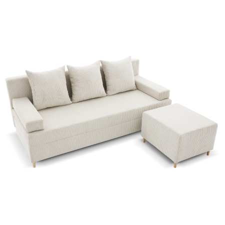 Kanapa z pufą, trzyosobowa, 3w1, sztruks, PANORA, 191x92x92 cm, beżowy