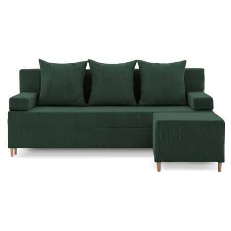 Kanapa z pufą, trzyosobowa, 3w1, sztruks, PANORA, 191x92x92 cm, butelkowa zieleń