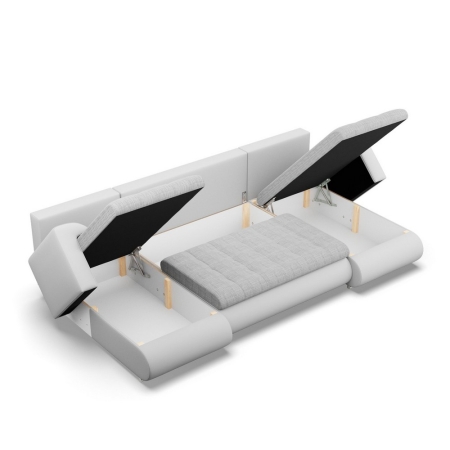 Narożnik U, z leżankami, BOSCO, ekoskóra, plecionka, 302x159x89 cm, biały, jasny szary