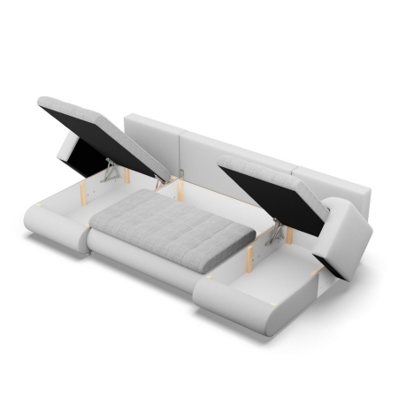 Narożnik U, z leżankami, BOSCO, ekoskóra, plecionka, 302x159x89 cm, biały, jasny szary