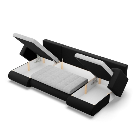 Narożnik U, z leżankami, BOSCO, ekoskóra, plecionka, 302x159x89 cm, czarny, jasny szary