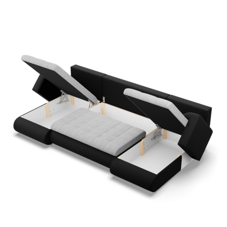 Narożnik U, z leżankami, BOSCO, ekoskóra, plecionka, 302x159x89 cm, czarny, jasny szary