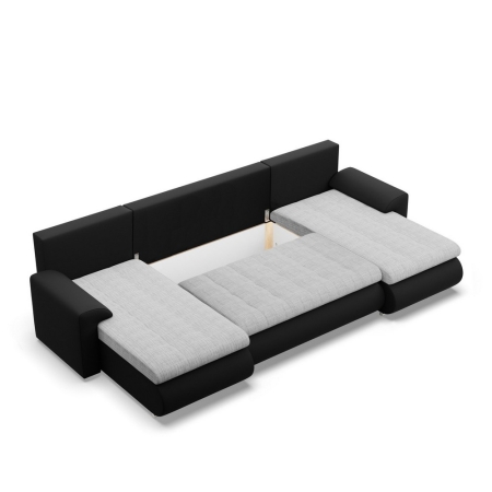Narożnik U, z leżankami, BOSCO, ekoskóra, plecionka, 302x159x89 cm, czarny, jasny szary