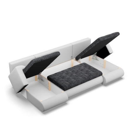 Narożnik U, z leżankami, BOSCO, ekoskóra, plecionka, 302x159x89 cm, biały, ciemny szary