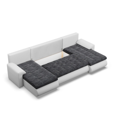 Narożnik U, z leżankami, BOSCO, ekoskóra, plecionka, 302x159x89 cm, biały, ciemny szary