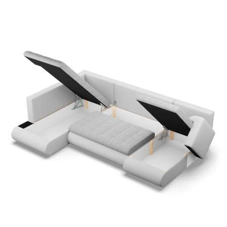 Duży narożnik U, lewostronny, BOSCO, ekoskóra, plecionka, 300x200x89 cm, biały, jasny szary