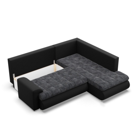 Narożnik z otomaną, prawy, BOSCO, ekoskóra, plecionka, 230x200x89 cm, czarny, ciemny szary