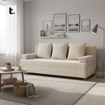 Kanapa rozkładana do salonu, sztruks, PANORA, 191x92x92 cm, beżowy