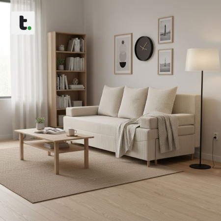 Kanapa rozkładana do salonu, sztruks, PANORA, 191x92x92 cm, beżowy