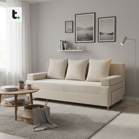 Kanapa rozkładana do salonu, sztruks, PANORA, 191x92x92 cm, beżowy