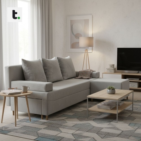 Kanapa z pufą, trzyosobowa, 3w1, sztruks, PANORA, 191x92x92 cm, jasny szary