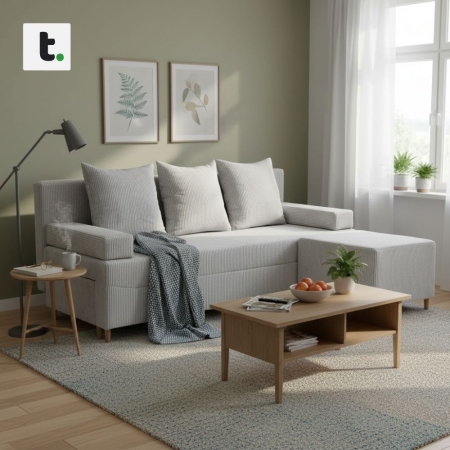 Kanapa z pufą, trzyosobowa, 3w1, sztruks, PANORA, 191x92x92 cm, jasny szary