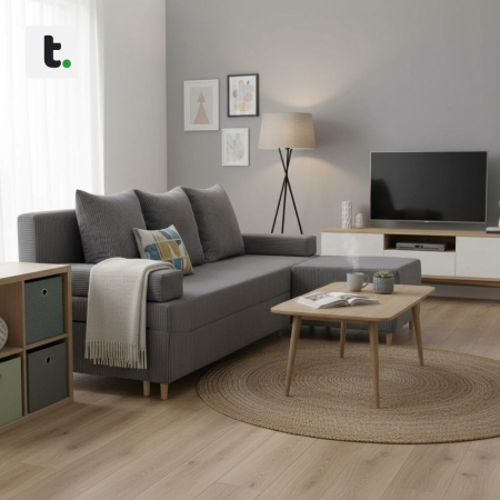 Kanapa z pufą, trzyosobowa, 3w1, sztruks, PANORA, 191x92x92 cm, ciemny szary