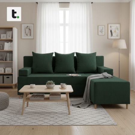 Kanapa z pufą, trzyosobowa, 3w1, sztruks, PANORA, 191x92x92 cm, butelkowa zieleń