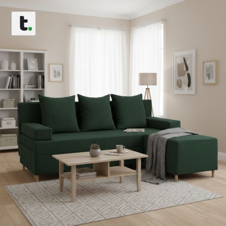 Kanapa z pufą, trzyosobowa, 3w1, sztruks, PANORA, 191x92x92 cm, butelkowa zieleń