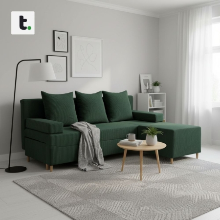 Kanapa z pufą, trzyosobowa, 3w1, sztruks, PANORA, 191x92x92 cm, butelkowa zieleń