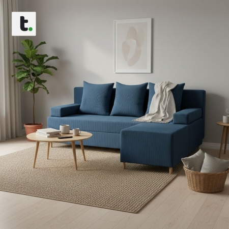 Kanapa z pufą, trzyosobowa, 3w1, sztruks, PANORA, 191x92x92 cm, granatowy