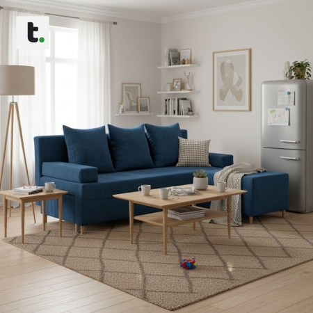 Kanapa z pufą, trzyosobowa, 3w1, sztruks, PANORA, 191x92x92 cm, granatowy