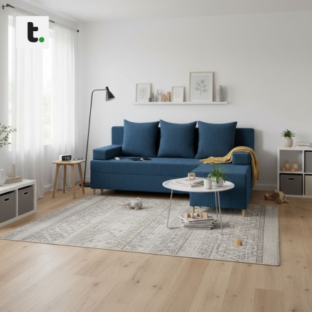 Kanapa z pufą, trzyosobowa, 3w1, sztruks, PANORA, 191x92x92 cm, granatowy