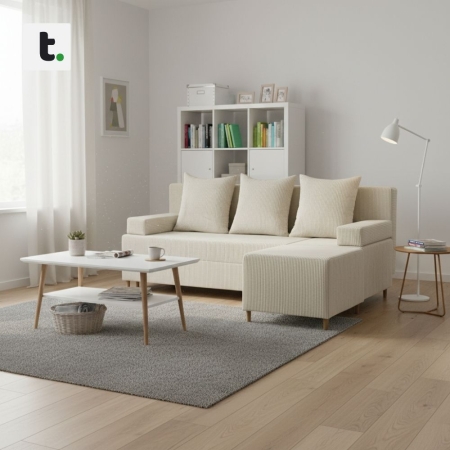 Kanapa z pufą, trzyosobowa, 3w1, sztruks, PANORA, 191x92x92 cm, beżowy