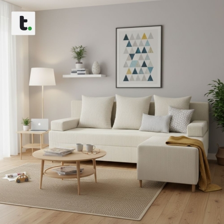 Kanapa z pufą, trzyosobowa, 3w1, sztruks, PANORA, 191x92x92 cm, beżowy