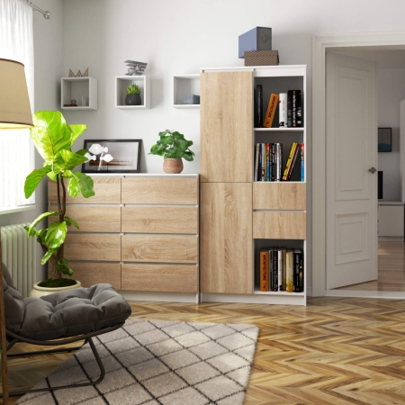 Regał biurowy, półki, szuflady, ORDO PLUS, 80x35x180 cm, biały, dąb sonoma, mat
