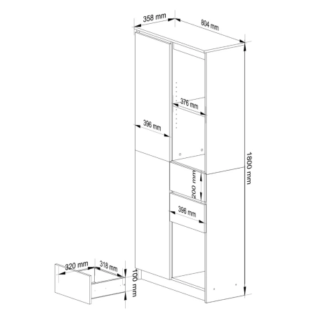 Regał biurowy, półki, szuflady, ORDO PLUS, 80x35x180 cm, biały, grafit, mat