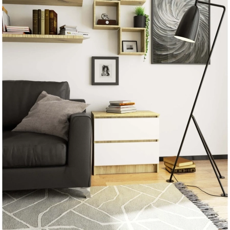 Szafka nocna, 2 szuflady, ALMA, 60x40x55 cm, dąb artisan, biel, mat