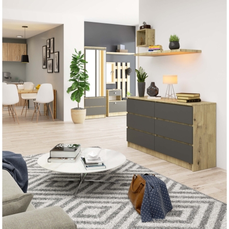 Komoda do sypialni, 6 szuflad, STILO, 140x40x77 cm, dąb artisan, grafit szary, mat