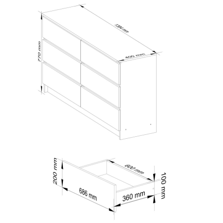 Komoda do sypialni, 6 szuflad, STILO, 140x40x77 cm, biel, mat