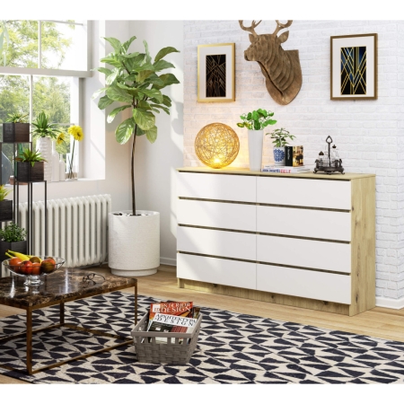 Komoda do sypialni, 8 szuflad, STILO, 160x40x99 cm, dąb artisan, biel, mat