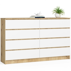 Komoda do sypialni, 8 szuflad, STILO, 160x40x99 cm, dąb artisan, biel, mat
