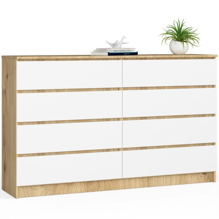 Komoda do sypialni, 8 szuflad, STILO, 160x40x99 cm, dąb artisan, biel, mat
