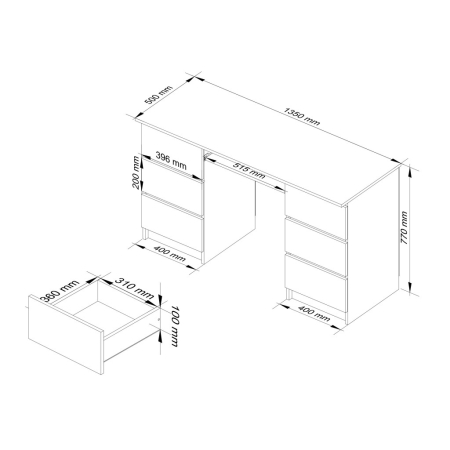 Biurko komputerowe, szuflady, CORE, 135x50x77 cm, biel, mat