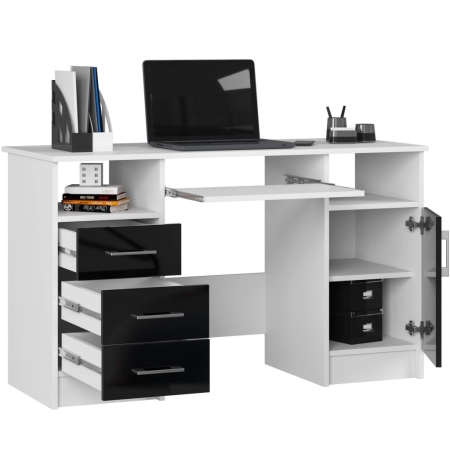 Biurko komputerowe, szuflady, szafka, SOFIA, 124x52x74 cm, biel, czarny, połysk