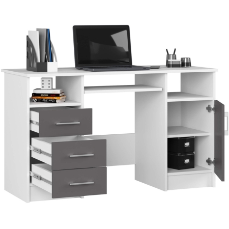 Biurko komputerowe, szuflady, szafka, SOFIA, 124x52x74 cm, biel, grafit, mat