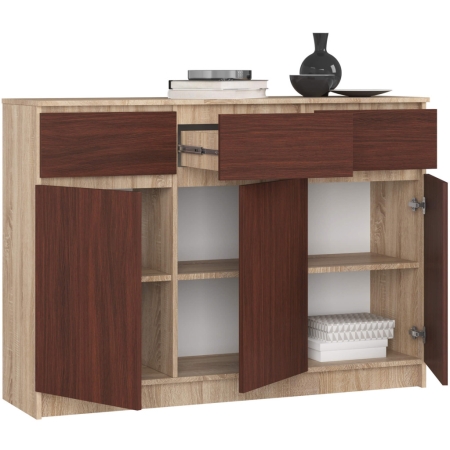 Komoda, 3 szuflady, 3 drzwi, ATLAS, 140x40x99 cm, dąb sonoma, wenge, mat