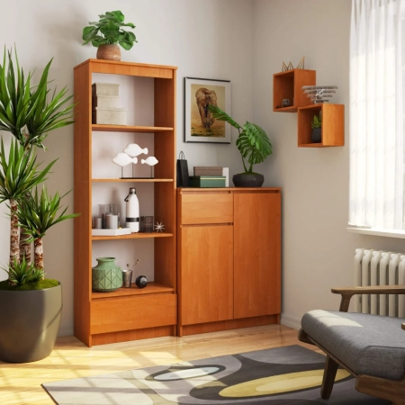 Regał do salonu, biura, 1 szuflada, półki, ARLO, 60x35x180 cm, olcha, mat