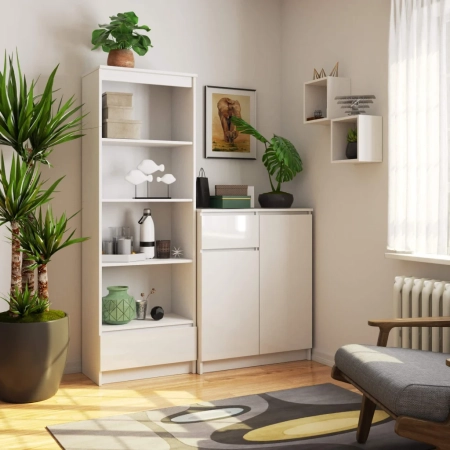 Regał do salonu, biura, 1 szuflada, półki, ARLO, 60x35x180 cm, biały, połysk