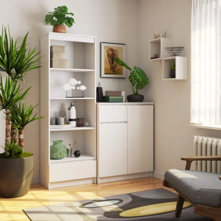 Regał do salonu, biura, 1 szuflada, półki, ARLO, 60x35x180 cm, biały, mat