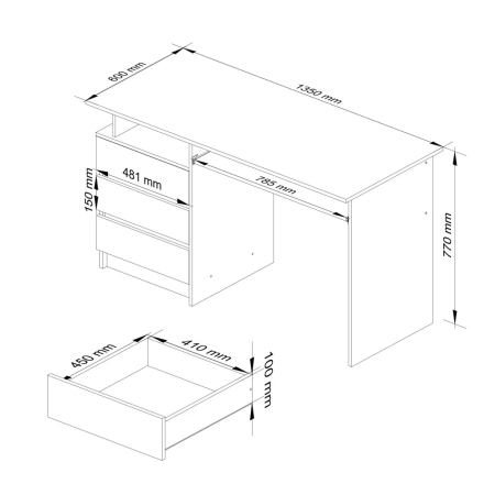 Biurko komputerowe z szufladami, NORI, 135x60x77 cm, biel, mat