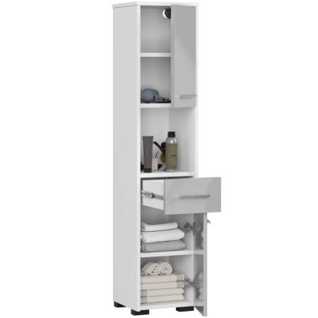 Słupek łazienkowy, szuflada, wnęka, ELION, 30x30x140 cm, biel, metalik, połysk