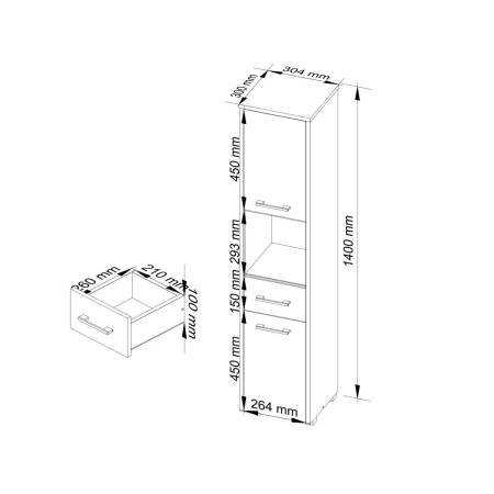 Słupek łazienkowy, szuflada, wnęka, ELION, 30x30x140 cm, biel, metalik, połysk